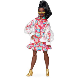 Кукла Барби Barbie BMR1959 Fully Poseable Curvy Fashion Doll, Clear Vinyl Bomber Jacket & Floral Hoodie Dress