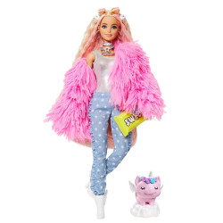 Кукла Барби Экстра Модница в розовом пальто Barbie Extra Doll #3 in Pink Fluffy Coat with Pet Unicorn-Pig