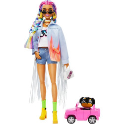 Кукла Барби Экстра Модница в джинсовой куртке с бахромой Barbie Extra Doll #5 in Long-Fringe Denim Jacket with Pet Puppy