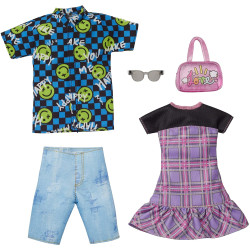 Одежда для кукол Барби и Кена Barbie and Ken Fashions 2-Pack, Plaid Dress & Smiley Face Shirt, Denim Shorts