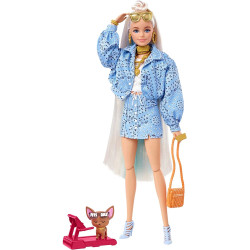 Кукла Барби Экстра Модница в голубой куртке з принтом пейсли Barbie Extra Doll #16 in Blue Paisley-Print Jacket with Pet Chihuahua