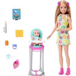 Кукла Барби Кормление Скиппер Няня с малышом Barbie Skipper Babysitting Mealtime Color-Change Baby (HTK35)